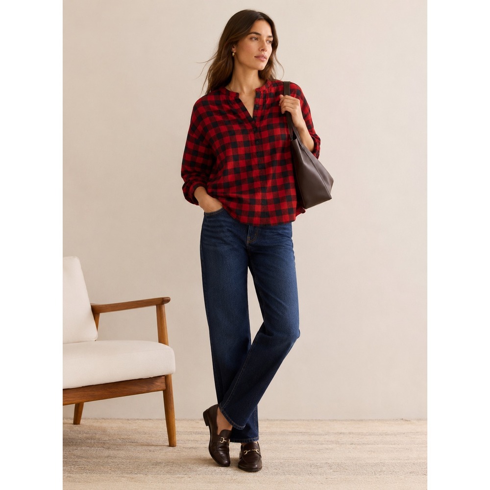 NWT J.Crew Flannel Henley Blouse Top Women Sz XL Red Plaid Preppy Boxy Academia